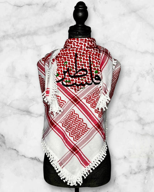 Embroidered keffiyehs with different colors and designs to choose from