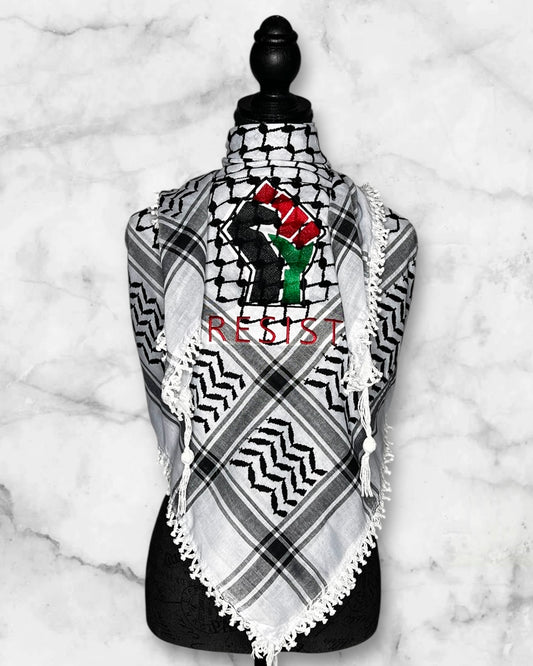 Embroidered keffiyehs with different colors and designs to choose from