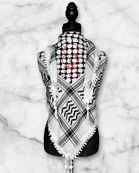 Embroidered keffiyehs with different colors and designs to choose from