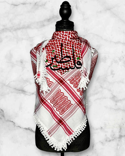 Embroidered keffiyehs with different colors and designs to choose from