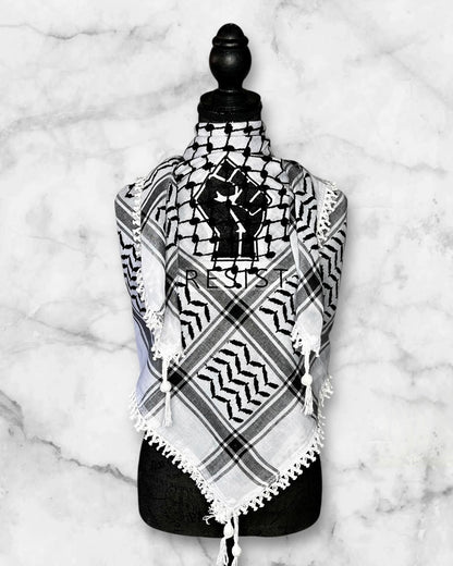 Embroidered keffiyehs with different colors and designs to choose from