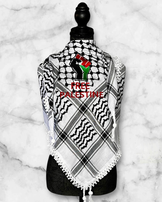 Embroidered keffiyehs with different colors and designs to choose from