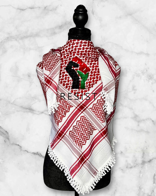 Embroidered keffiyehs with different colors and designs to choose from